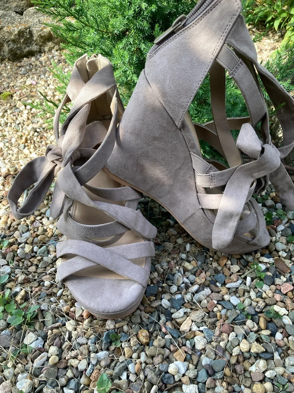 Torrid Size 6.5W natural taupe strappy ankle wrap platform wedge sandals